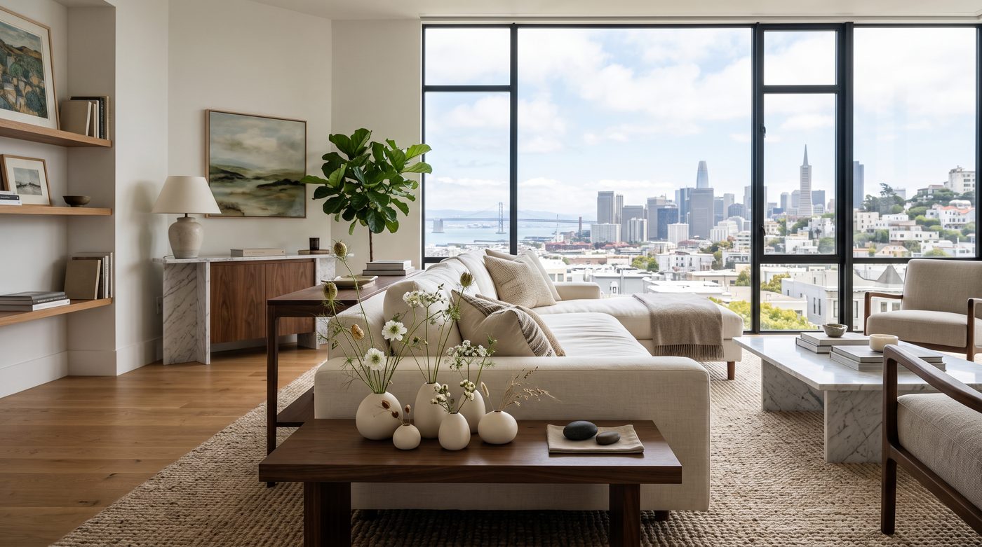 Pebble bud vases on a coffee table, San Francisco skyline beyond