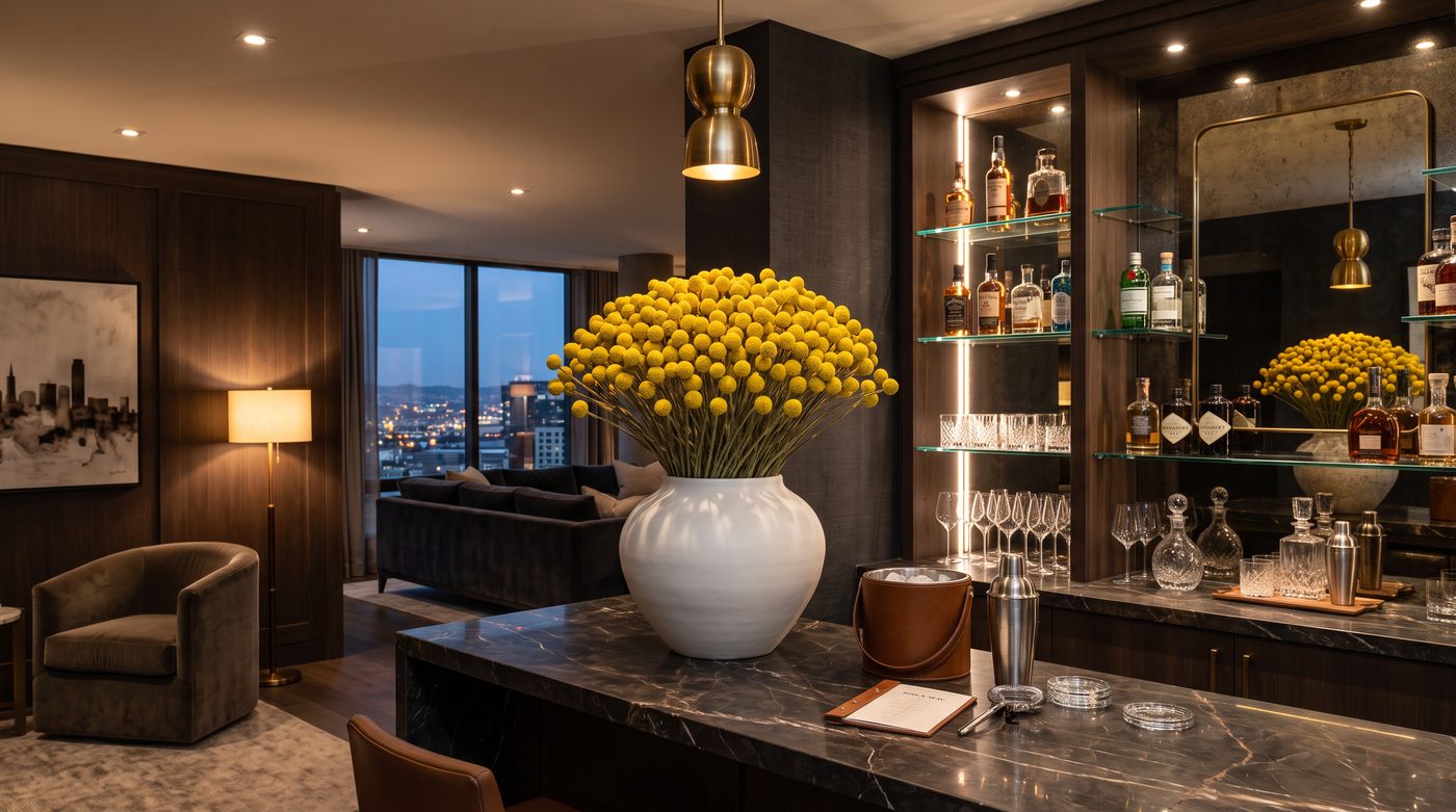 Billy balls in a white vase on a home bar