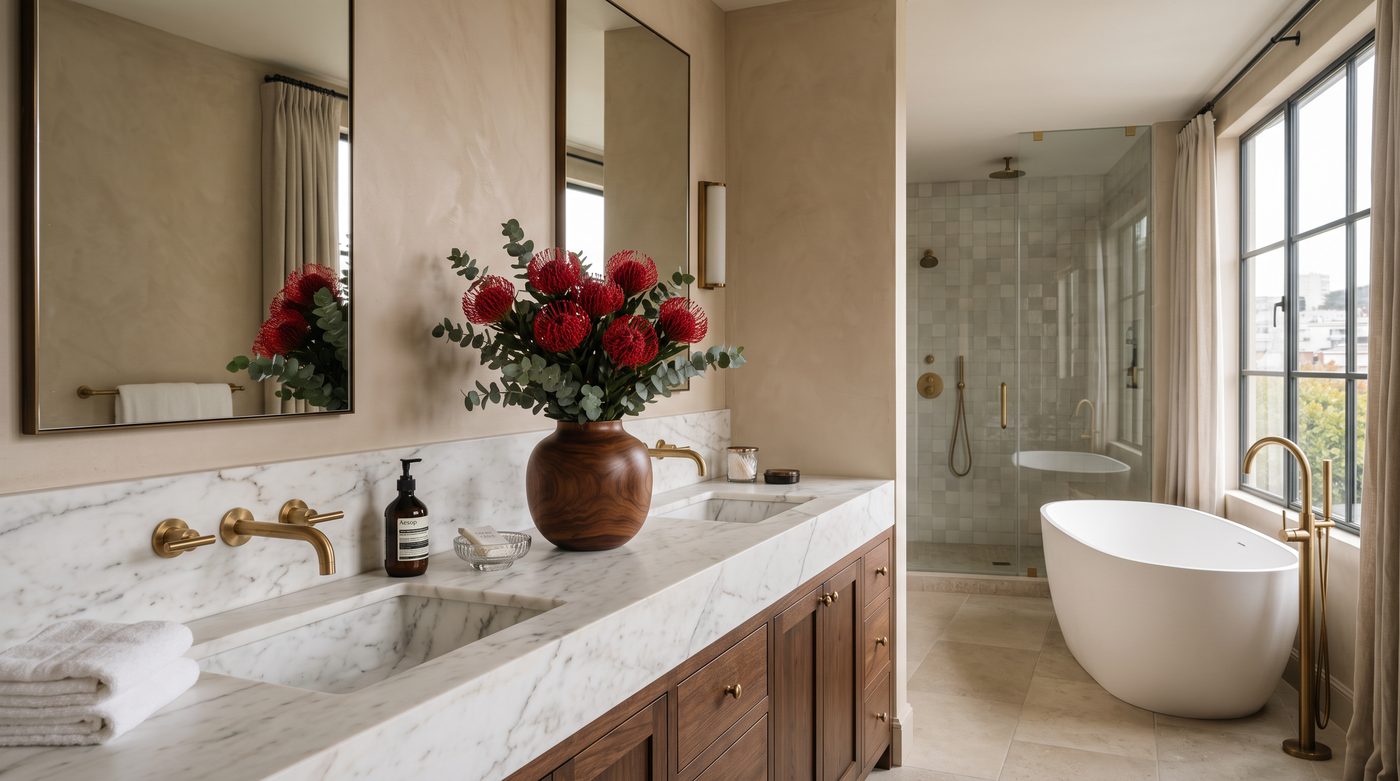 Red pincushion protea in a walnut vase on a marble vanity