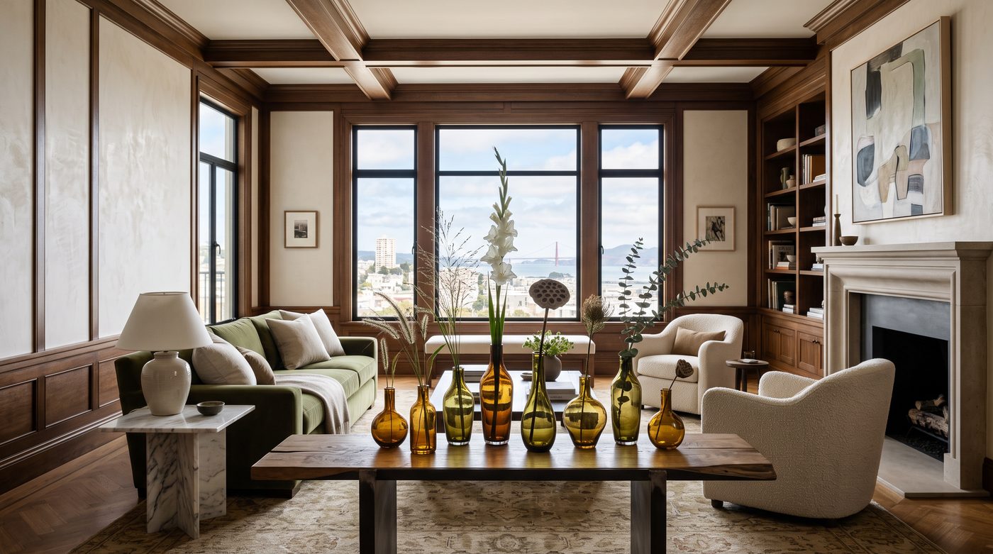 Amber and green glass bud vases on a coffee table, bay view